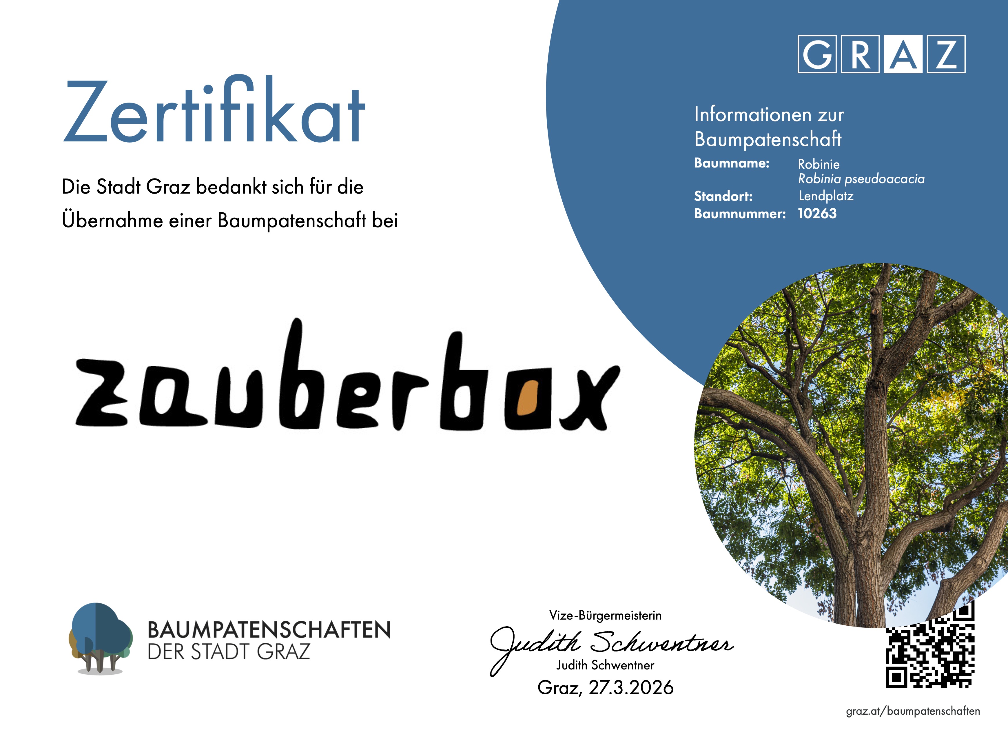 Baumpatenschaft Zertifikat Lendplatz Graz